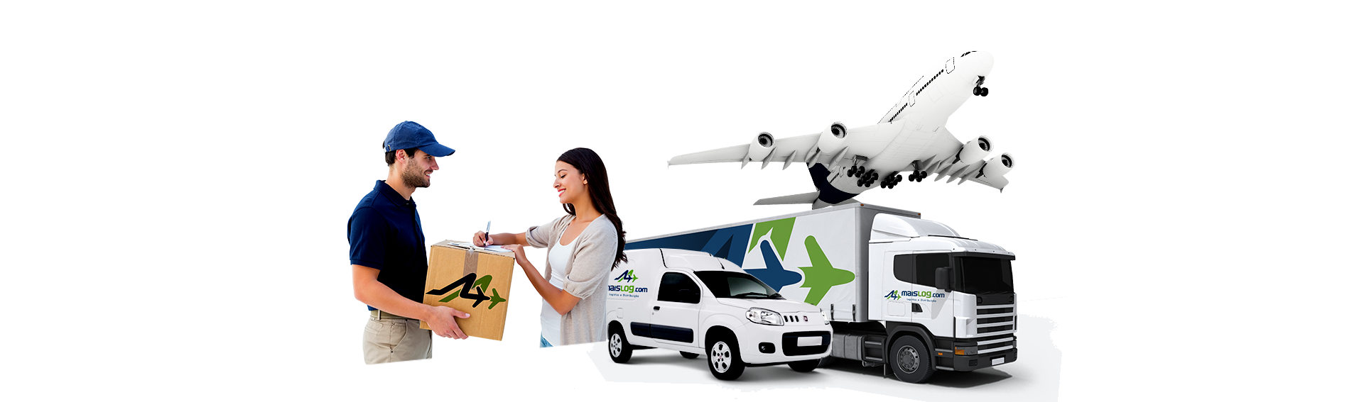 Entregador MaisLog, cliente, veículos de transporte e avião